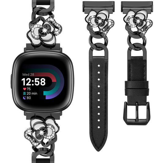 Minyee Leather Band Compatible with Fitbit Versa 4/3/Fitbit Sense 2/1 Watch Bands Women, Dressy Slim Elegant Leather Metal Chain Strap with Bling Cute Camellia Charms for Versa 3 4 Sense 2 Smartwatch