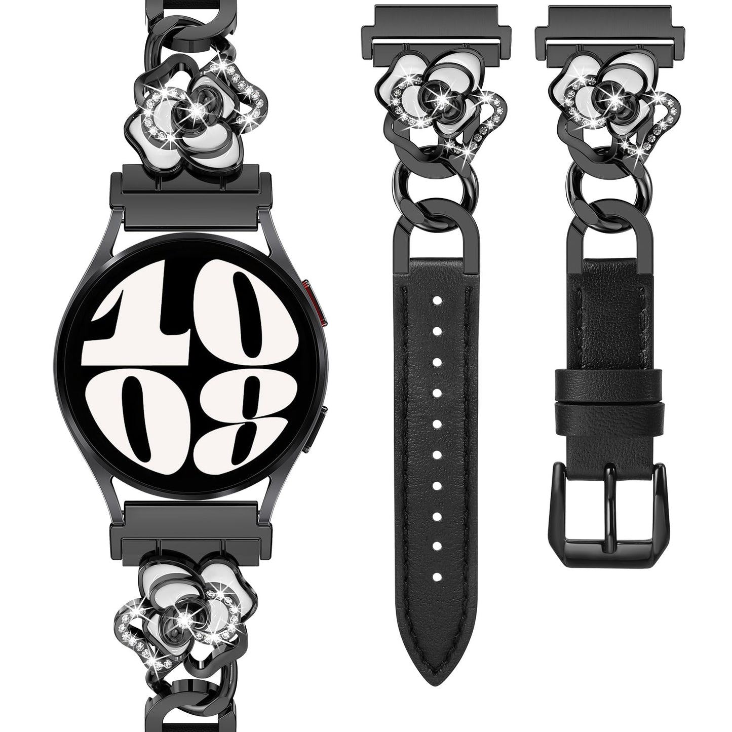 Minyee Leather Band Compatible with Samsung Galaxy Watch 7/6/5/4/FE/Active 2 40mm 44mm/Watch 6 Classic 43mm 47mm/5 Pro 45mm Women, 20mm Dressy Slim Elegant Metal Chain Strap with Bling Camellia Charms