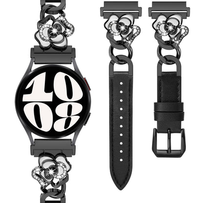 Minyee Leather Band Compatible with Samsung Galaxy Watch 7/6/5/4/FE/Active 2 40mm 44mm/Watch 6 Classic 43mm 47mm/5 Pro 45mm Women, 20mm Dressy Slim Elegant Metal Chain Strap with Bling Camellia Charms