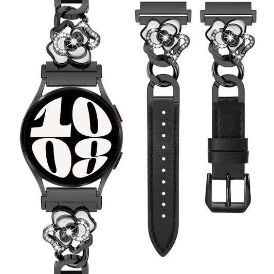 Minyee Leather Band Compatible with Samsung Galaxy Watch 7/6/5/4/FE/Active 2 40mm 44mm/Watch 6 Classic 43mm 47mm/5 Pro 45mm Women, 20mm Dressy Slim Elegant Metal Chain Strap with Bling Camellia Charms