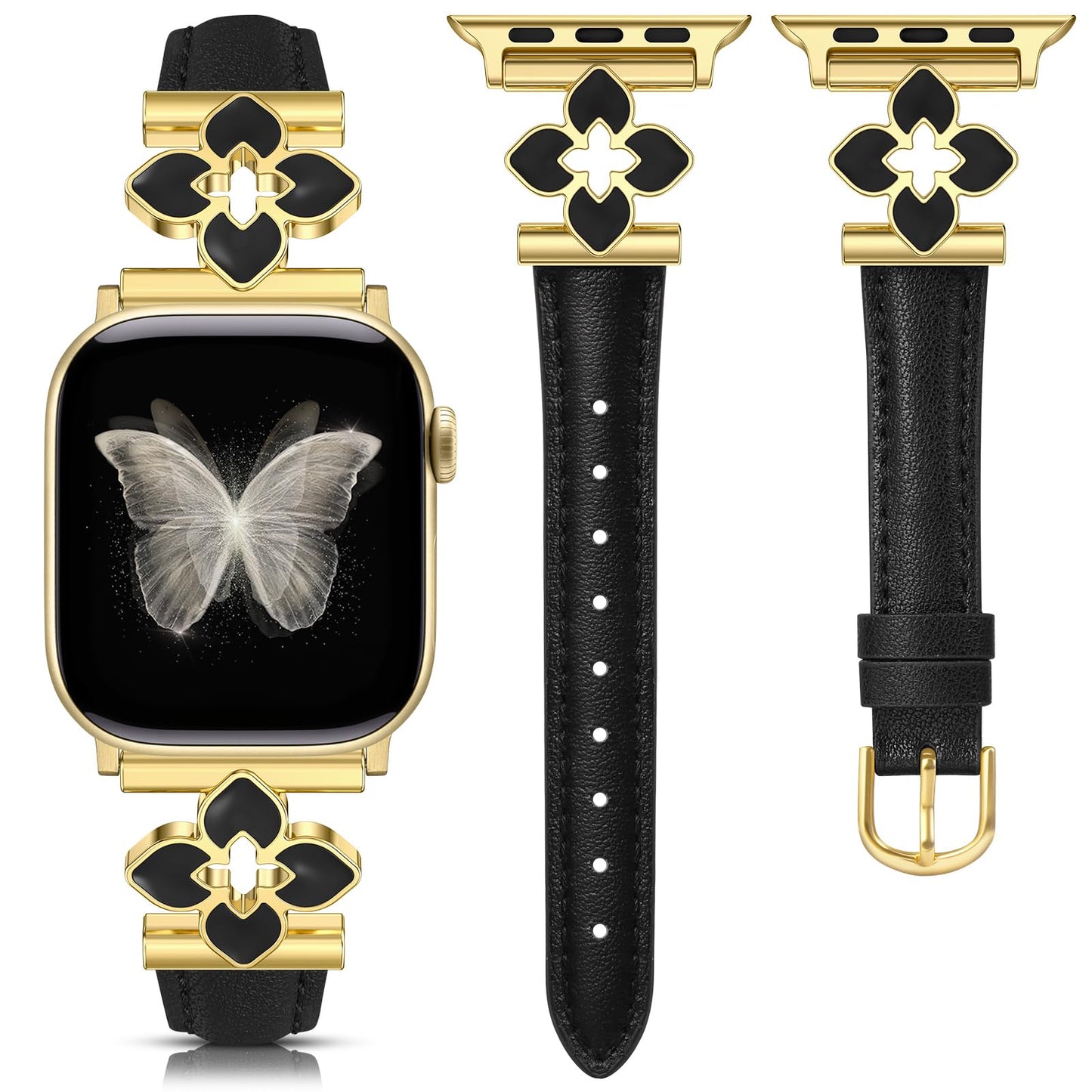 Minyee Compatible with Apple Watch Band 42/41/40/38/44/45/46/49mm Women, Slim Dressy Chic Premium Soft Leather Strap with Bling Dainty Flower Charm for iWatch Series 11 10 9 8 7 6 5 4 Ultra/SE 3 2 1