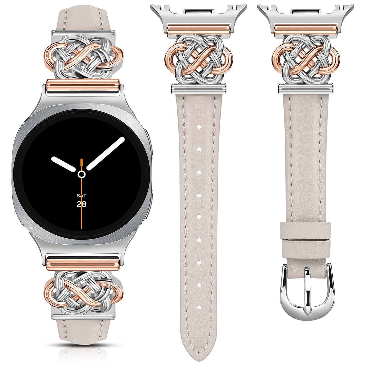 Minyee Celtic Knot Leather Band Compatible with Samsung Galaxy Watch 8 40mm 44mm/ 8 Classic 46mm Band Women, No Gap One-Click Slim Thin Dressy Premium Soft Leather Pretty Designer Adjustable Strap