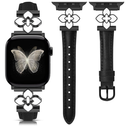 Minyee Compatible with Apple Watch Band 42/41/40/38/44/45/46/49mm Women, Slim Dressy Chic Premium Soft Leather Strap with Bling Dainty Flower Charm for iWatch Series 11 10 9 8 7 6 5 4 Ultra/SE 3 2 1
