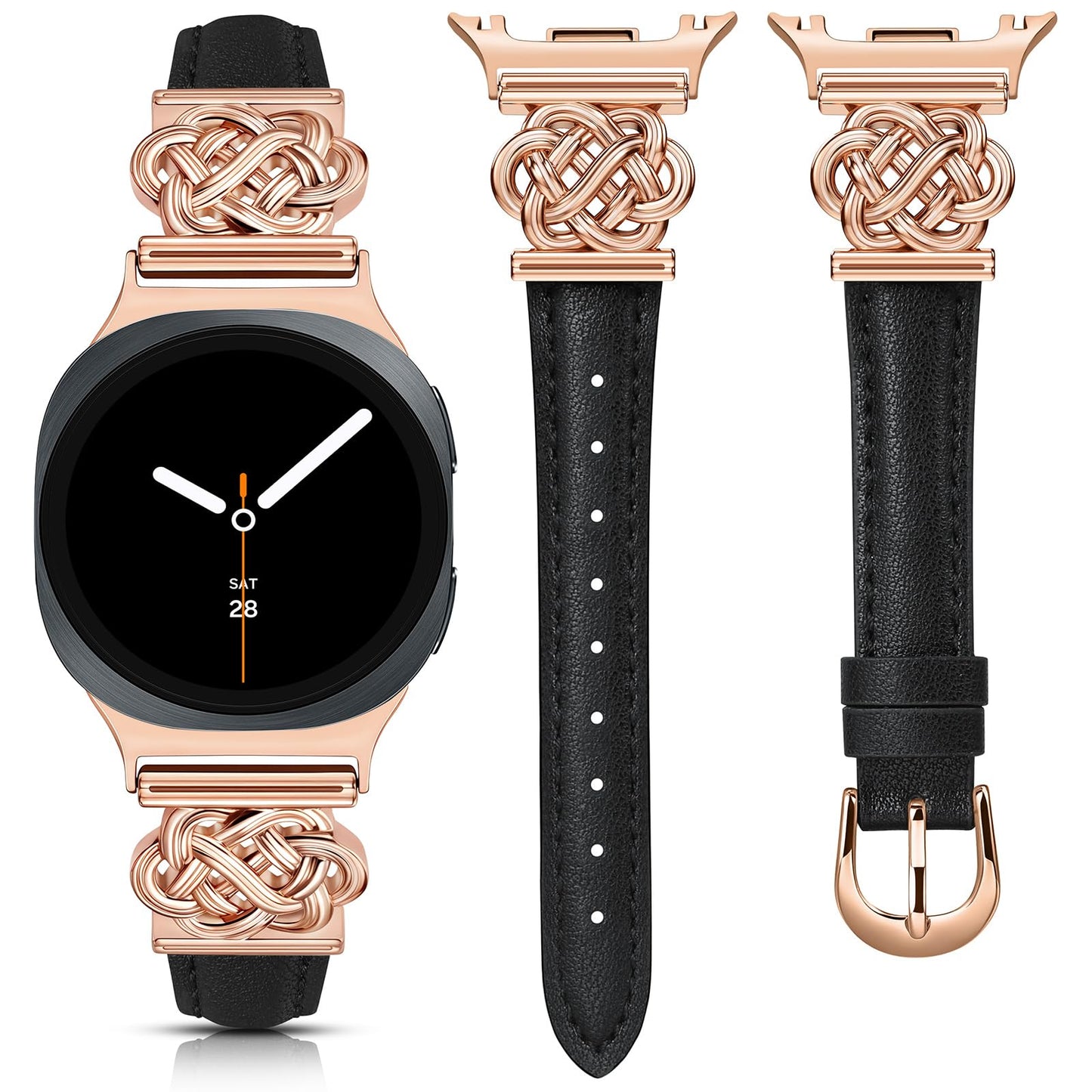Minyee Celtic Knot Leather Band Compatible with Samsung Galaxy Watch 8 40mm 44mm/ 8 Classic 46mm Band Women, No Gap One-Click Slim Thin Dressy Premium Soft Leather Pretty Designer Adjustable Strap