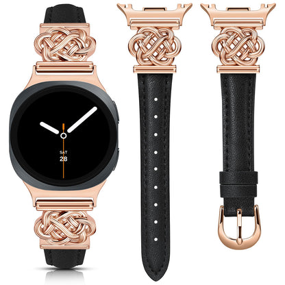 Minyee Celtic Knot Leather Band Compatible with Samsung Galaxy Watch 8 40mm 44mm/ 8 Classic 46mm Band Women, No Gap One-Click Slim Thin Dressy Premium Soft Leather Pretty Designer Adjustable Strap