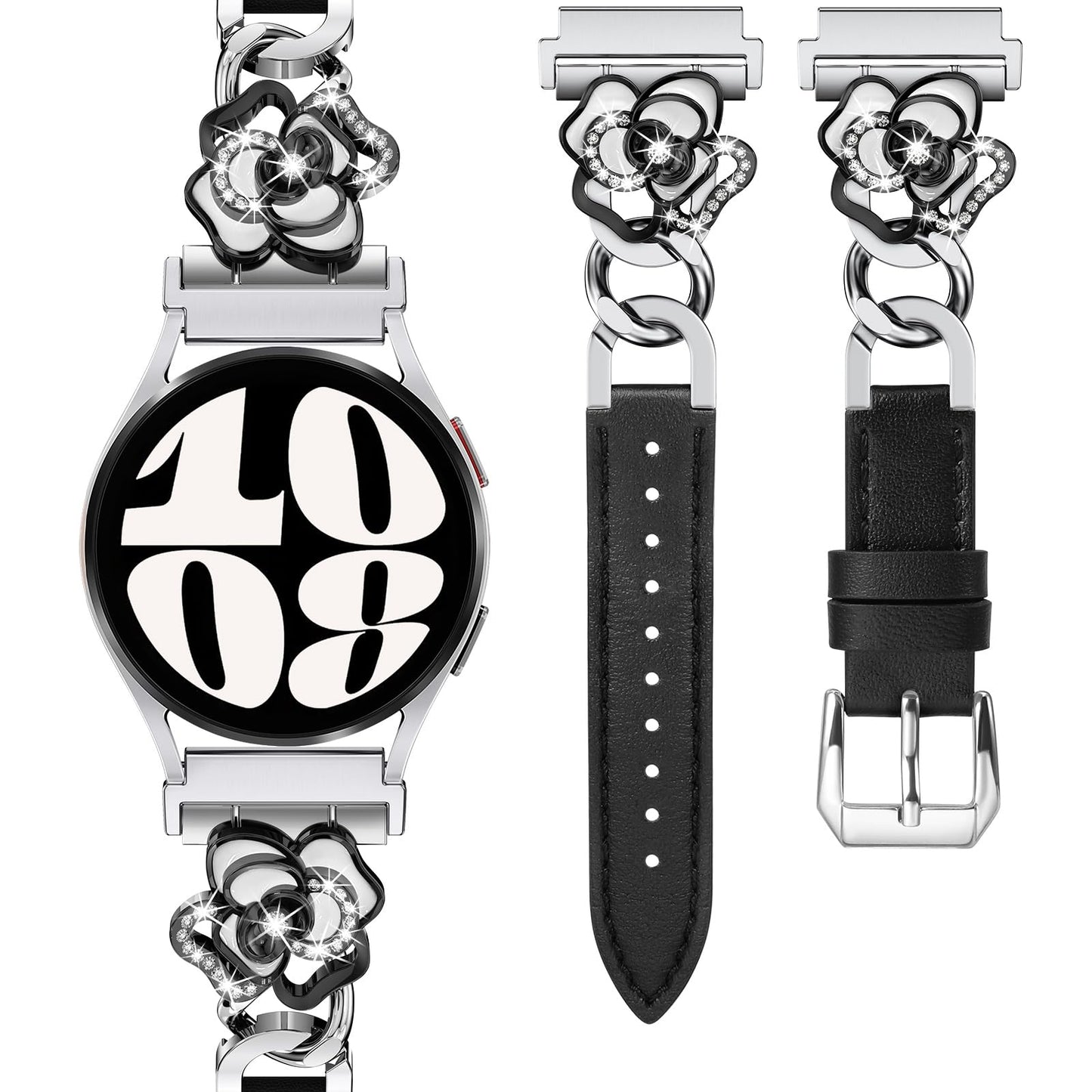 Minyee Leather Band Compatible with Samsung Galaxy Watch 7/6/5/4/FE/Active 2 40mm 44mm/Watch 6 Classic 43mm 47mm/5 Pro 45mm Women, 20mm Dressy Slim Elegant Metal Chain Strap with Bling Camellia Charms