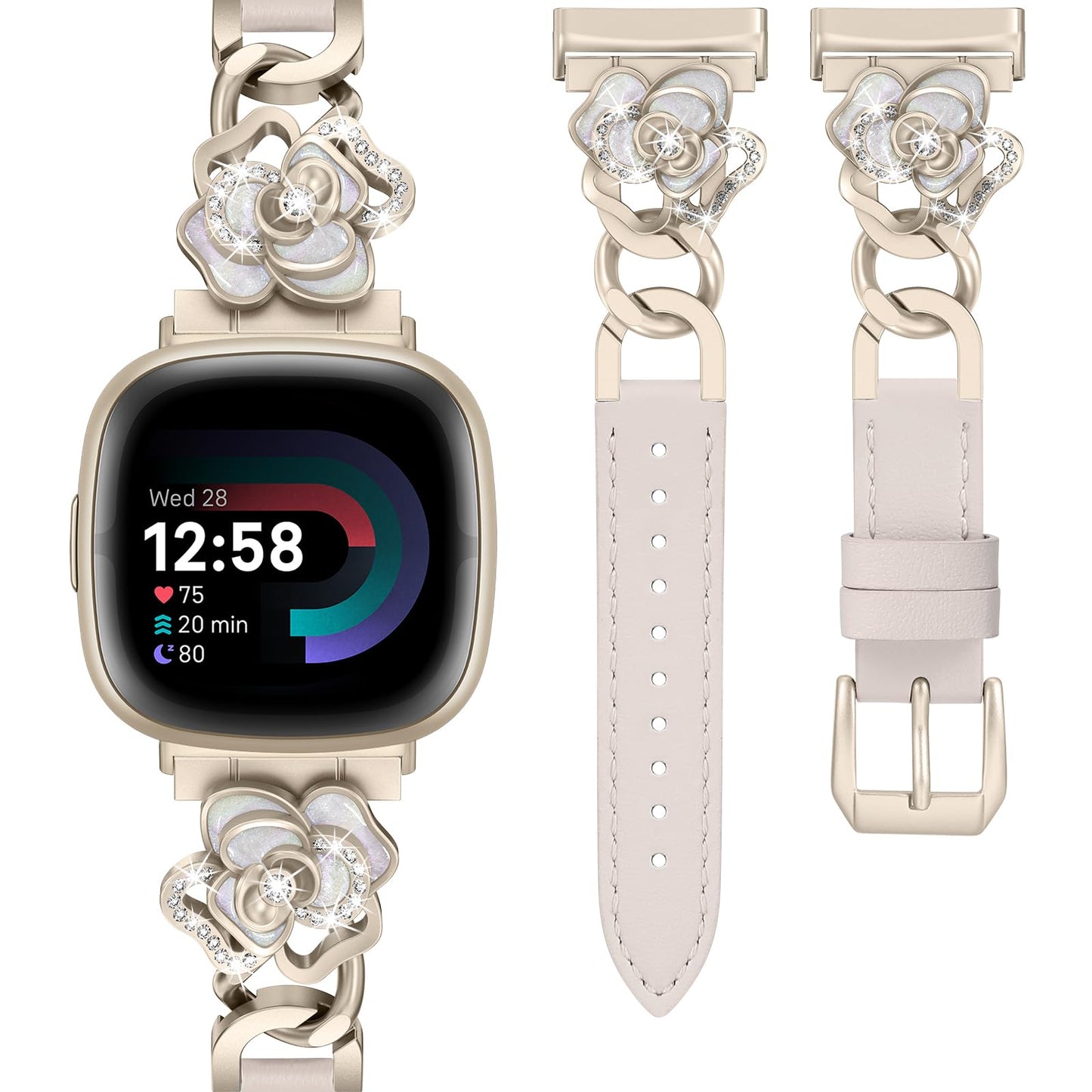 Minyee Leather Band Compatible with Fitbit Versa 4/3/Fitbit Sense 2/1 Watch Bands Women, Dressy Slim Elegant Leather Metal Chain Strap with Bling Cute Camellia Charms for Versa 3 4 Sense 2 Smartwatch