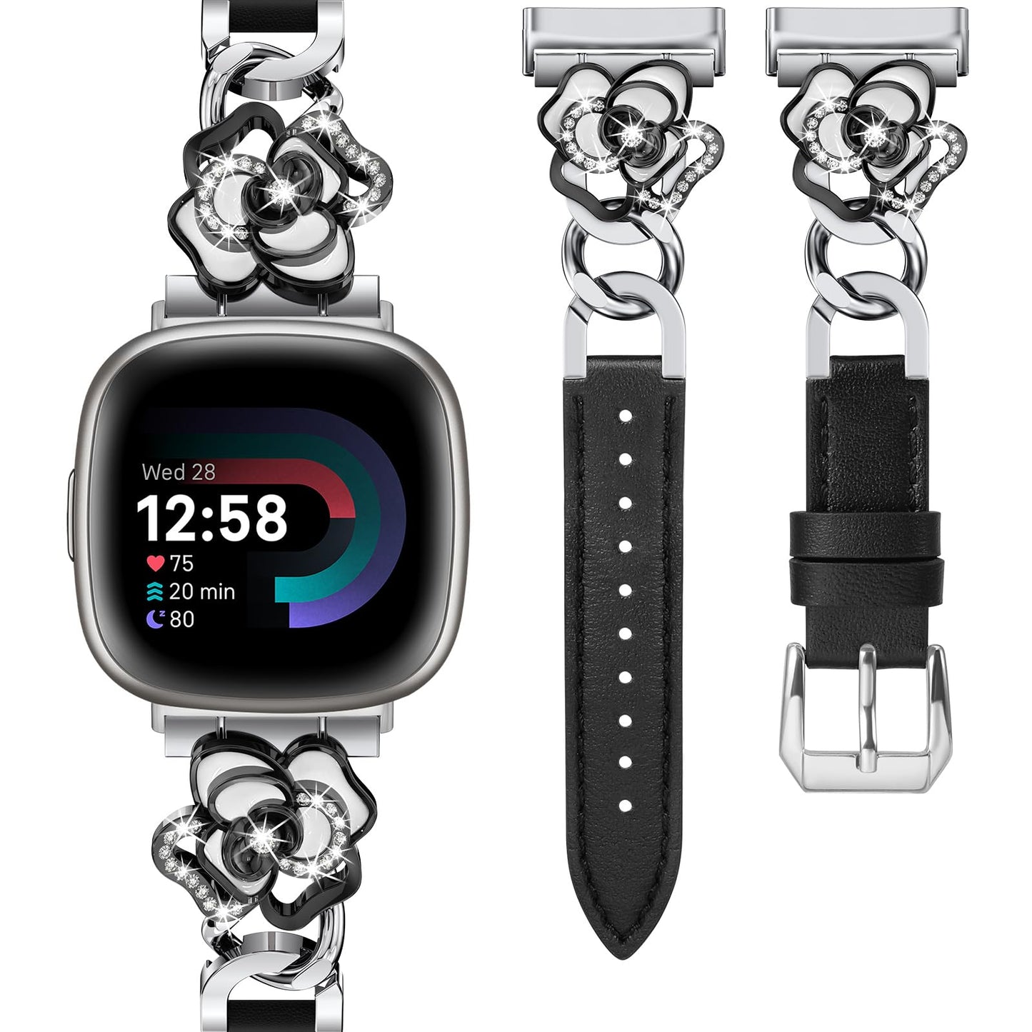 Minyee Leather Band Compatible with Fitbit Versa 4/3/Fitbit Sense 2/1 Watch Bands Women, Dressy Slim Elegant Leather Metal Chain Strap with Bling Cute Camellia Charms for Versa 3 4 Sense 2 Smartwatch