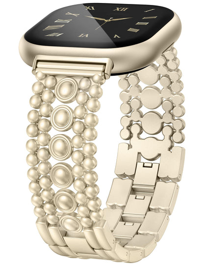 Minyee Metal Bands Compatible with Fitbit Sense 2/Versa 4/Versa 3/Sense Bands Women, Pretty Dressy Stainless Steel Metal Dual Tone Adjustable Round Studded Link Bracelet Replacement Strap for Versa 4