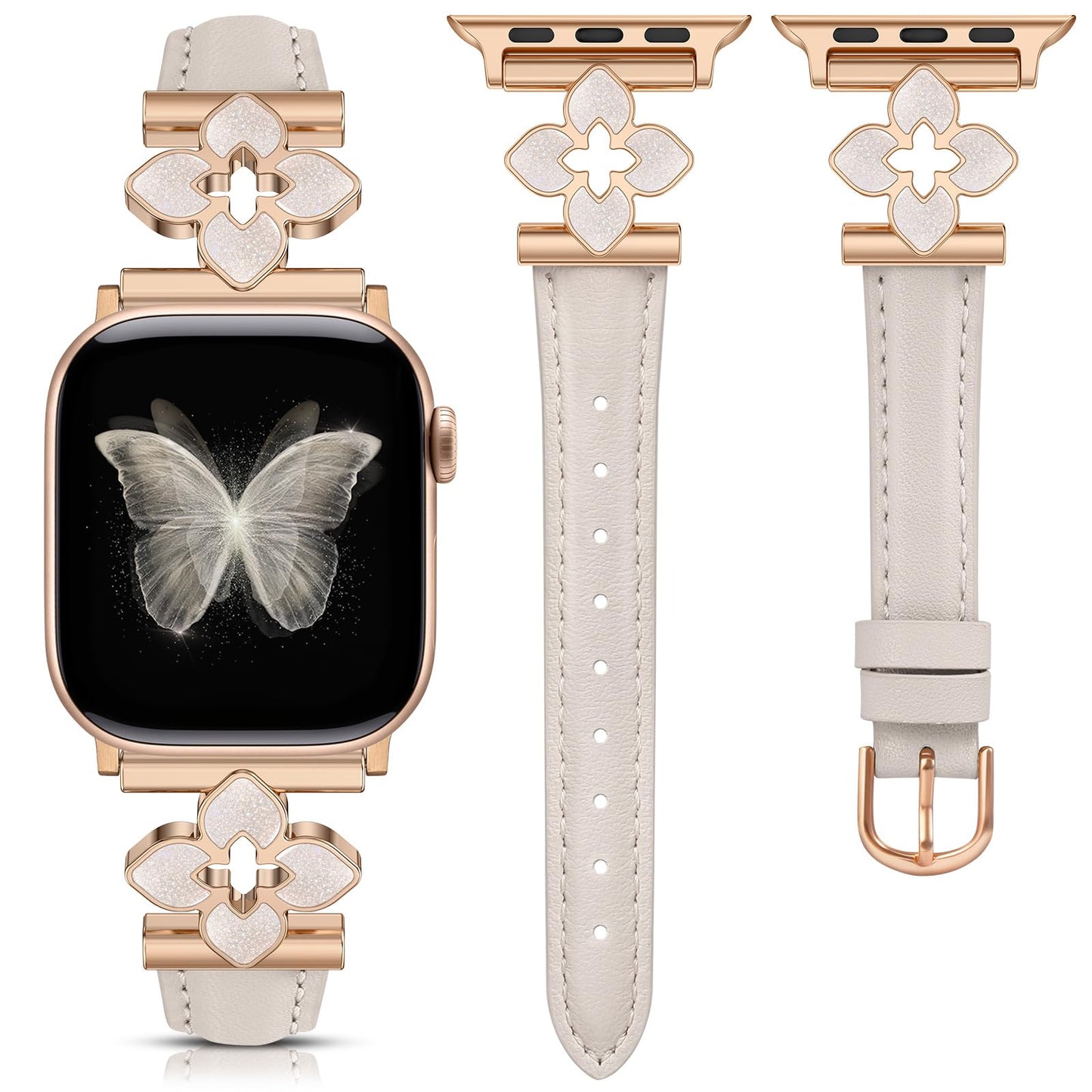 Minyee Compatible with Apple Watch Band 42/41/40/38/44/45/46/49mm Women, Slim Dressy Chic Premium Soft Leather Strap with Bling Dainty Flower Charm for iWatch Series 11 10 9 8 7 6 5 4 Ultra/SE 3 2 1