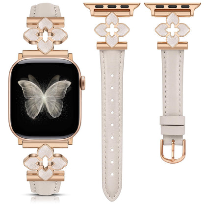 Minyee Compatible with Apple Watch Band 42/41/40/38/44/45/46/49mm Women, Slim Dressy Chic Premium Soft Leather Strap with Bling Dainty Flower Charm for iWatch Series 11 10 9 8 7 6 5 4 Ultra/SE 3 2 1
