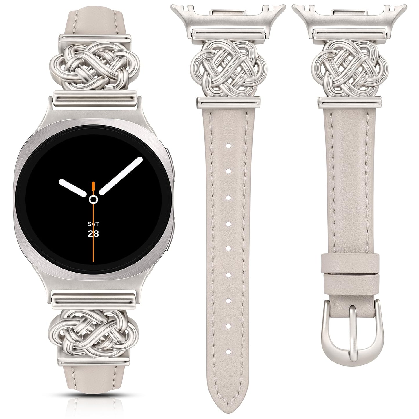 Minyee Celtic Knot Leather Band Compatible with Samsung Galaxy Watch 8 40mm 44mm/ 8 Classic 46mm Band Women, No Gap One-Click Slim Thin Dressy Premium Soft Leather Pretty Designer Adjustable Strap