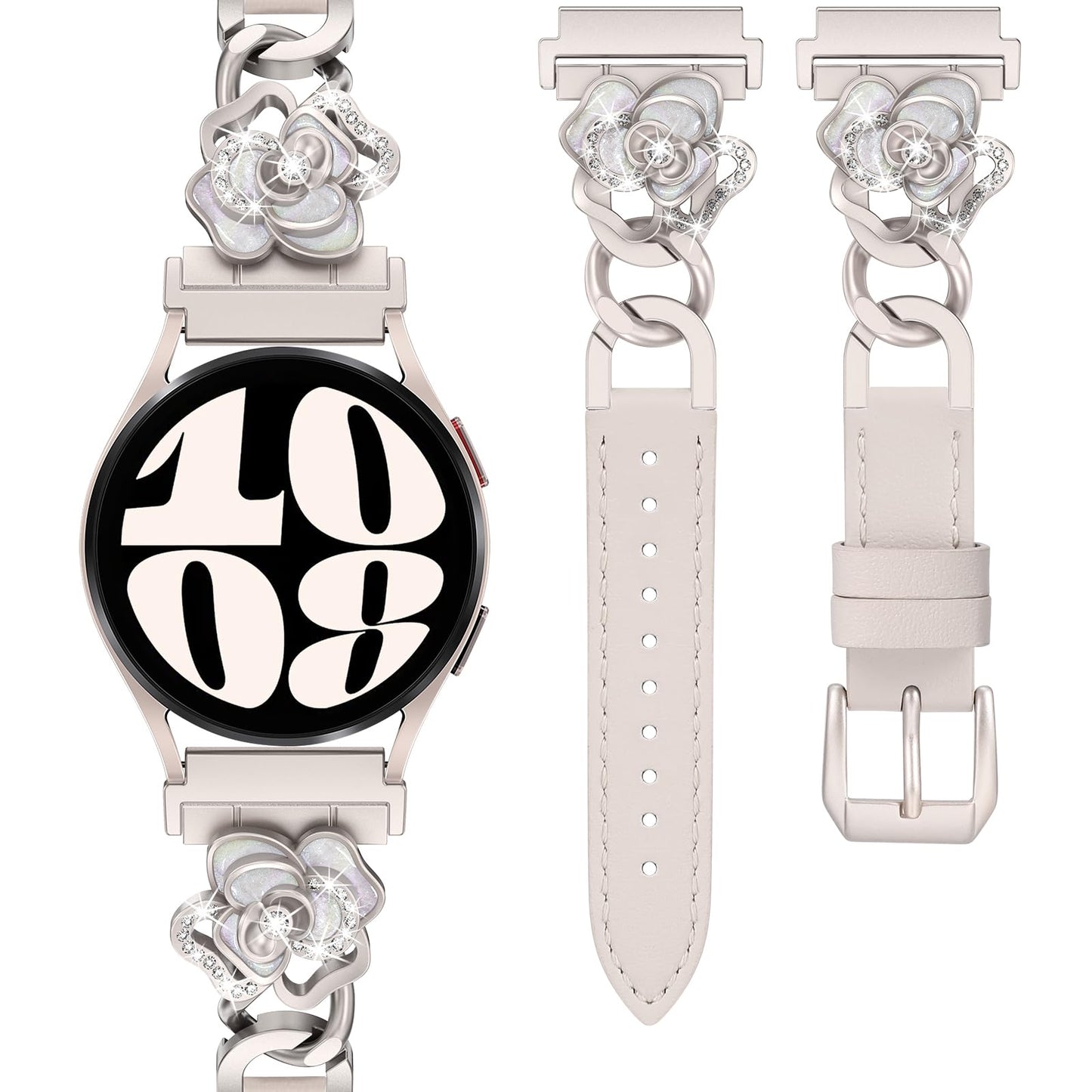 Minyee Leather Band Compatible with Samsung Galaxy Watch 7/6/5/4/FE/Active 2 40mm 44mm/Watch 6 Classic 43mm 47mm/5 Pro 45mm Women, 20mm Dressy Slim Elegant Metal Chain Strap with Bling Camellia Charms