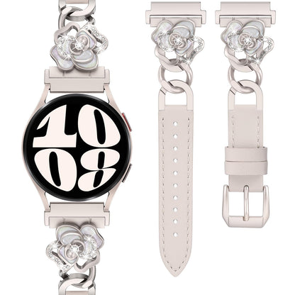 Minyee Leather Band Compatible with Samsung Galaxy Watch 7/6/5/4/FE/Active 2 40mm 44mm/Watch 6 Classic 43mm 47mm/5 Pro 45mm Women, 20mm Dressy Slim Elegant Metal Chain Strap with Bling Camellia Charms
