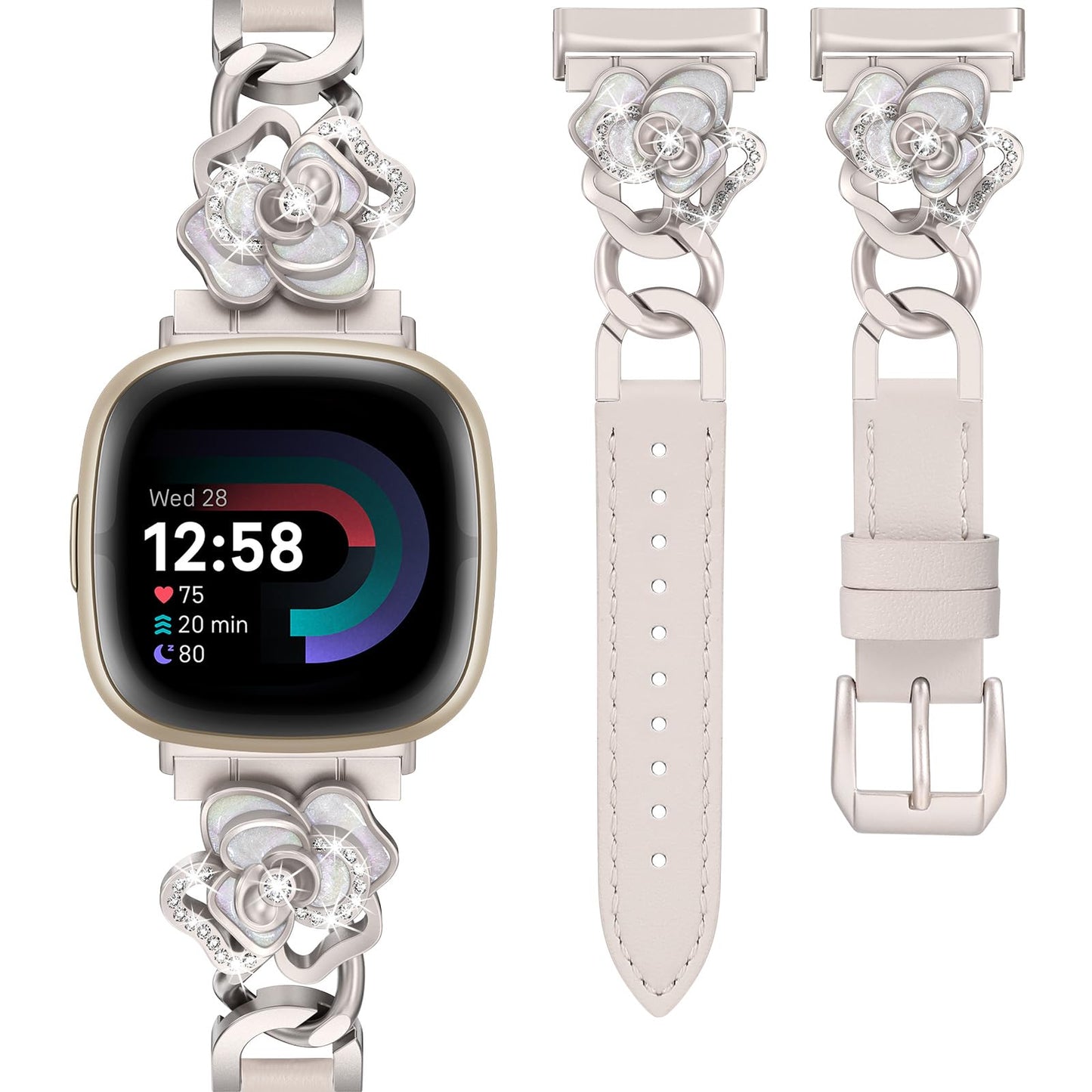 Minyee Leather Band Compatible with Fitbit Versa 4/3/Fitbit Sense 2/1 Watch Bands Women, Dressy Slim Elegant Leather Metal Chain Strap with Bling Cute Camellia Charms for Versa 3 4 Sense 2 Smartwatch