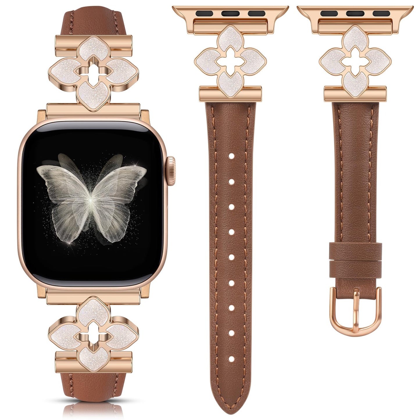 Minyee Compatible with Apple Watch Band 42/41/40/38/44/45/46/49mm Women, Slim Dressy Chic Premium Soft Leather Strap with Bling Dainty Flower Charm for iWatch Series 11 10 9 8 7 6 5 4 Ultra/SE 3 2 1