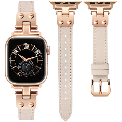 Minyee Slim Leather Band Compatible with Apple Watch Bands 38/40/41/42/44/45/46/49mm Women, Dressy Thin Soft Leather Strap with Designer Tapered Metal Buckle for iWatch Series 10/9/SE/8/7/6/5/4/3/2/1