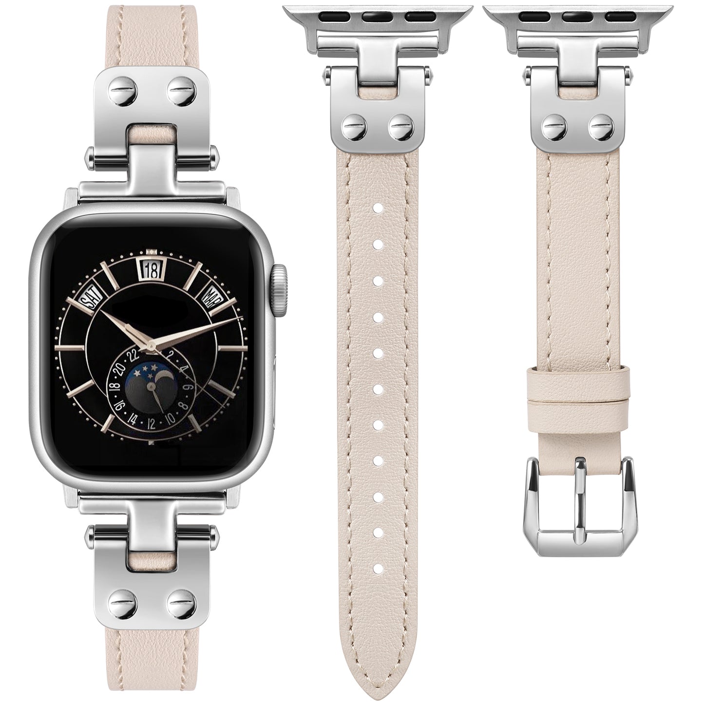 Minyee Slim Leather Band Compatible with Apple Watch Bands 38/40/41/42/44/45/46/49mm Women, Dressy Thin Soft Leather Strap with Designer Tapered Metal Buckle for iWatch Series 10/9/SE/8/7/6/5/4/3/2/1