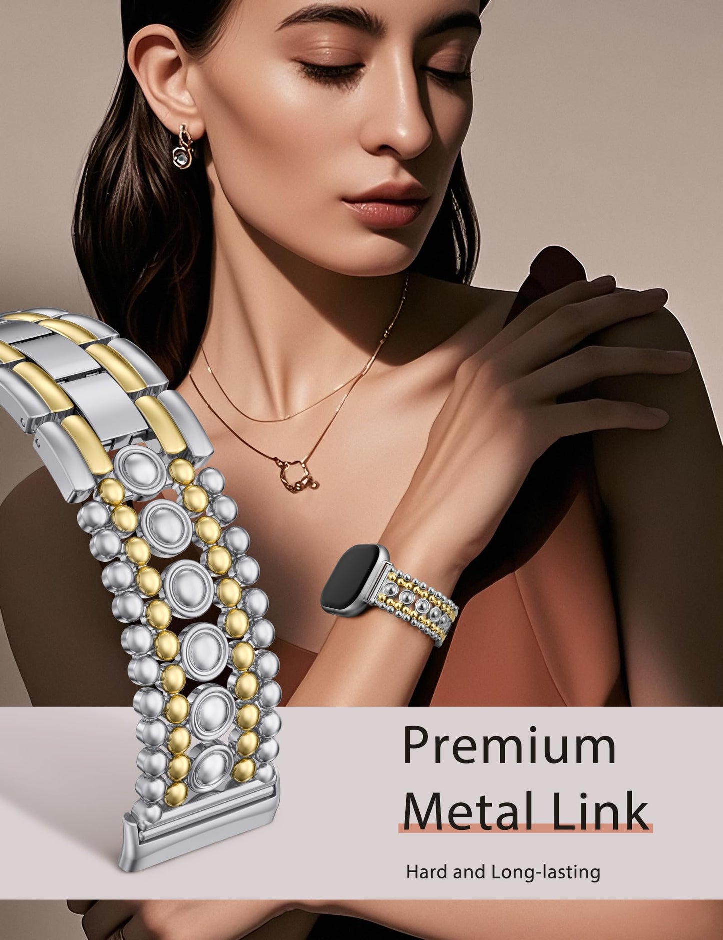 Minyee Metal Bands Compatible with Fitbit Sense 2/Versa 4/Versa 3/Sense Bands Women, Pretty Dressy Stainless Steel Metal Dual Tone Adjustable Round Studded Link Bracelet Replacement Strap for Versa 4