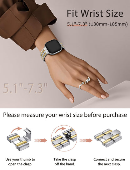 Minyee Metal Bands Compatible with Fitbit Sense 2/Versa 4/Versa 3/Sense Bands Women, Pretty Dressy Stainless Steel Metal Dual Tone Adjustable Round Studded Link Bracelet Replacement Strap for Versa 4
