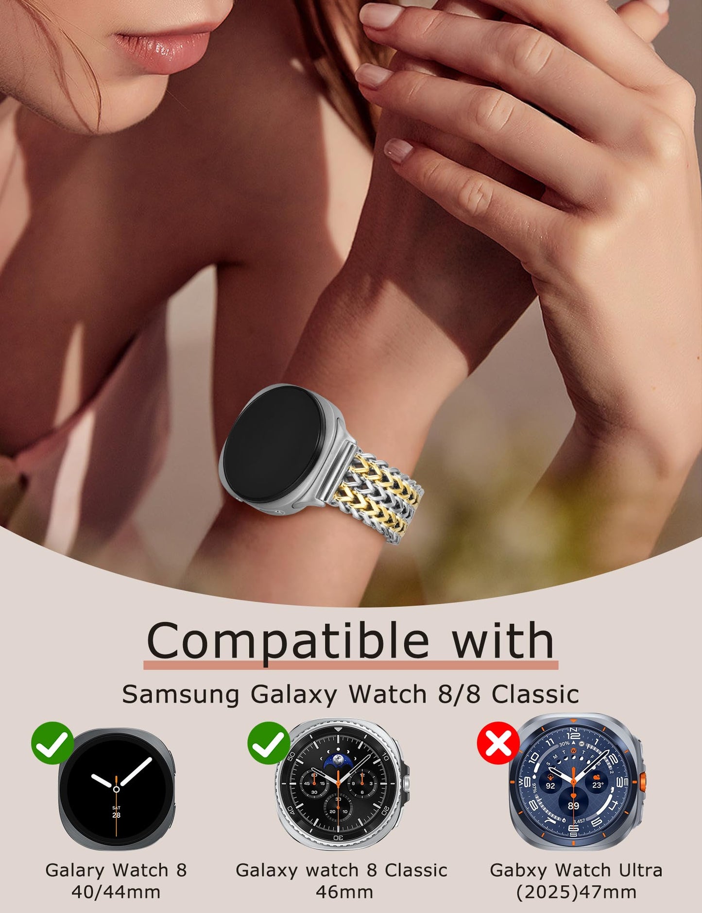 Minyee Metal Band Compatible with Samsung Galaxy Watch 8 40mm 44mm/ 8 Classic 46mm Bands, No Gap One-Click Dressy Stainless Steel Metal Gold Multi-chain Strap Mermaid Style Link Bracelet Wristband