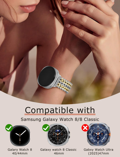 Minyee Metal Band Compatible with Samsung Galaxy Watch 8 40mm 44mm/ 8 Classic 46mm Bands, No Gap One-Click Dressy Stainless Steel Metal Gold Multi-chain Strap Mermaid Style Link Bracelet Wristband