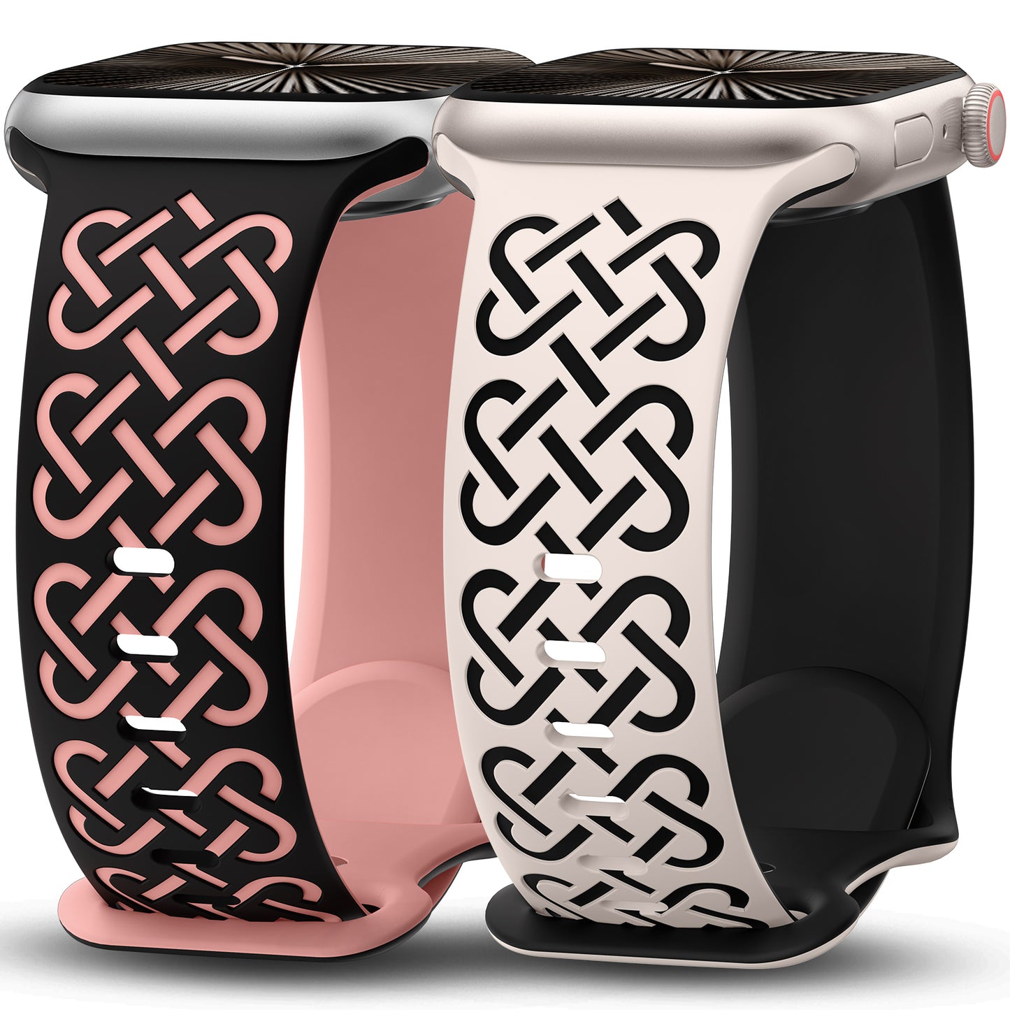 Minyee 2 Pack Engraved Bands Compatible with Apple Watch Band 38/40/41/42/44/45/46/49mm, Soft Silicone Cute Two-Tone Celtic Knot Pattern Sport Strap for iWatch Series 11 10 9 8 7 6 5 4 SE/Ultra 3 2 1