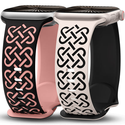 Minyee 2 Pack Engraved Bands Compatible with Apple Watch Band 38/40/41/42/44/45/46/49mm, Soft Silicone Cute Two-Tone Celtic Knot Pattern Sport Strap for iWatch Series 11 10 9 8 7 6 5 4 SE/Ultra 3 2 1
