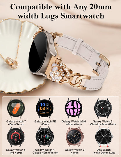 Minyee Leather Band Compatible with Samsung Galaxy Watch 7/6/5/4/FE/Active 2 40mm 44mm/Watch 6 Classic 43mm 47mm/5 Pro 45mm Women, 20mm Dressy Slim Elegant Metal Chain Strap with Bling Camellia Charms