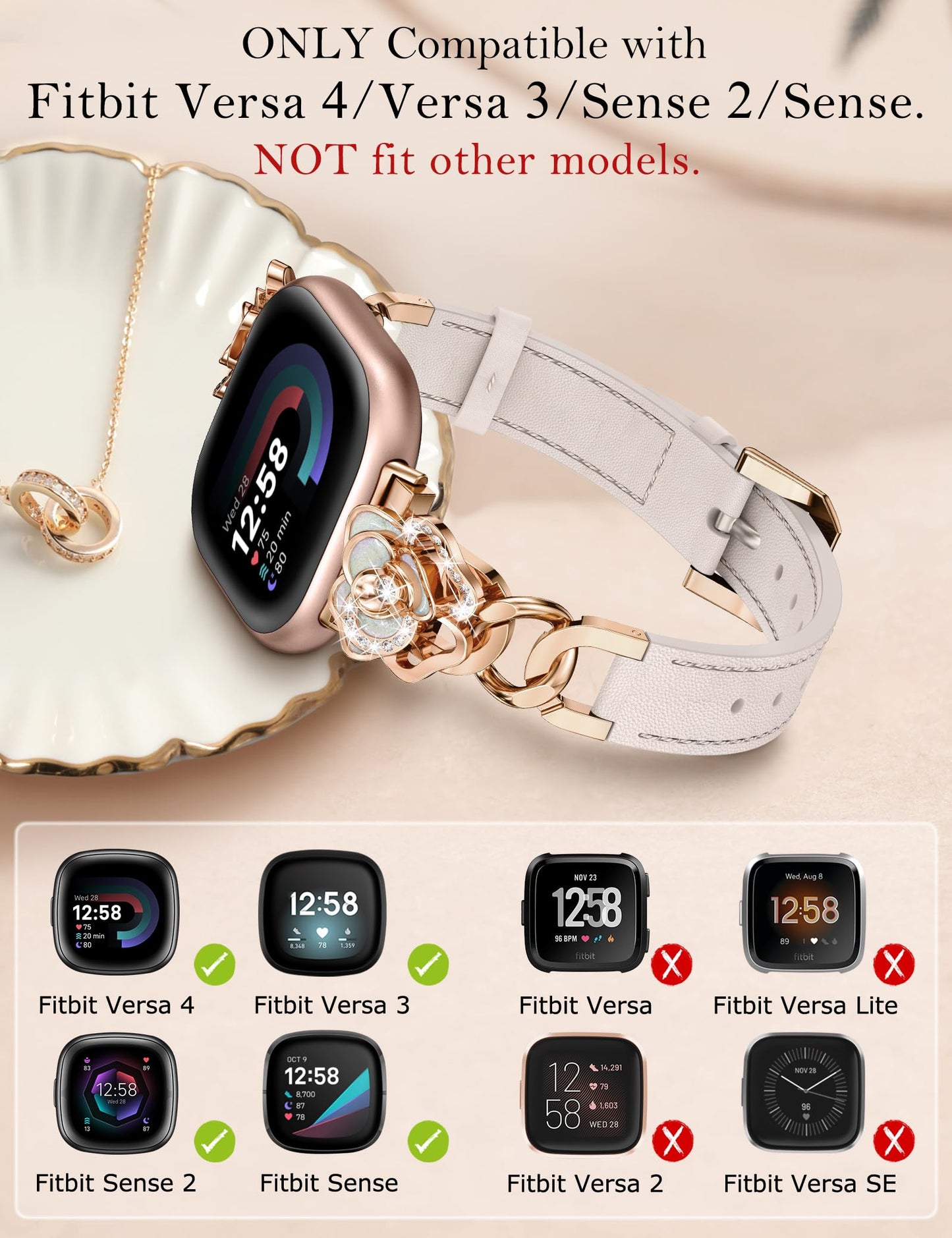 Minyee Leather Band Compatible with Fitbit Versa 4/3/Fitbit Sense 2/1 Watch Bands Women, Dressy Slim Elegant Leather Metal Chain Strap with Bling Cute Camellia Charms for Versa 3 4 Sense 2 Smartwatch