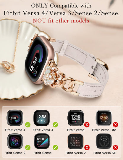 Minyee Leather Band Compatible with Fitbit Versa 4/3/Fitbit Sense 2/1 Watch Bands Women, Dressy Slim Elegant Leather Metal Chain Strap with Bling Cute Camellia Charms for Versa 3 4 Sense 2 Smartwatch