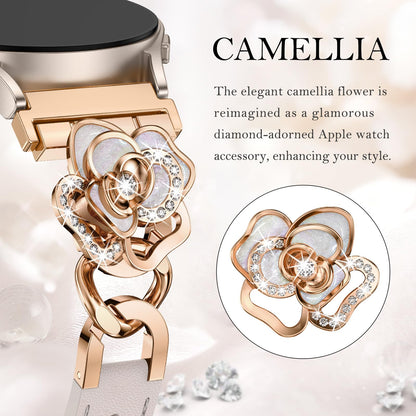 Minyee Leather Band Compatible with Samsung Galaxy Watch 7/6/5/4/FE/Active 2 40mm 44mm/Watch 6 Classic 43mm 47mm/5 Pro 45mm Women, 20mm Dressy Slim Elegant Metal Chain Strap with Bling Camellia Charms