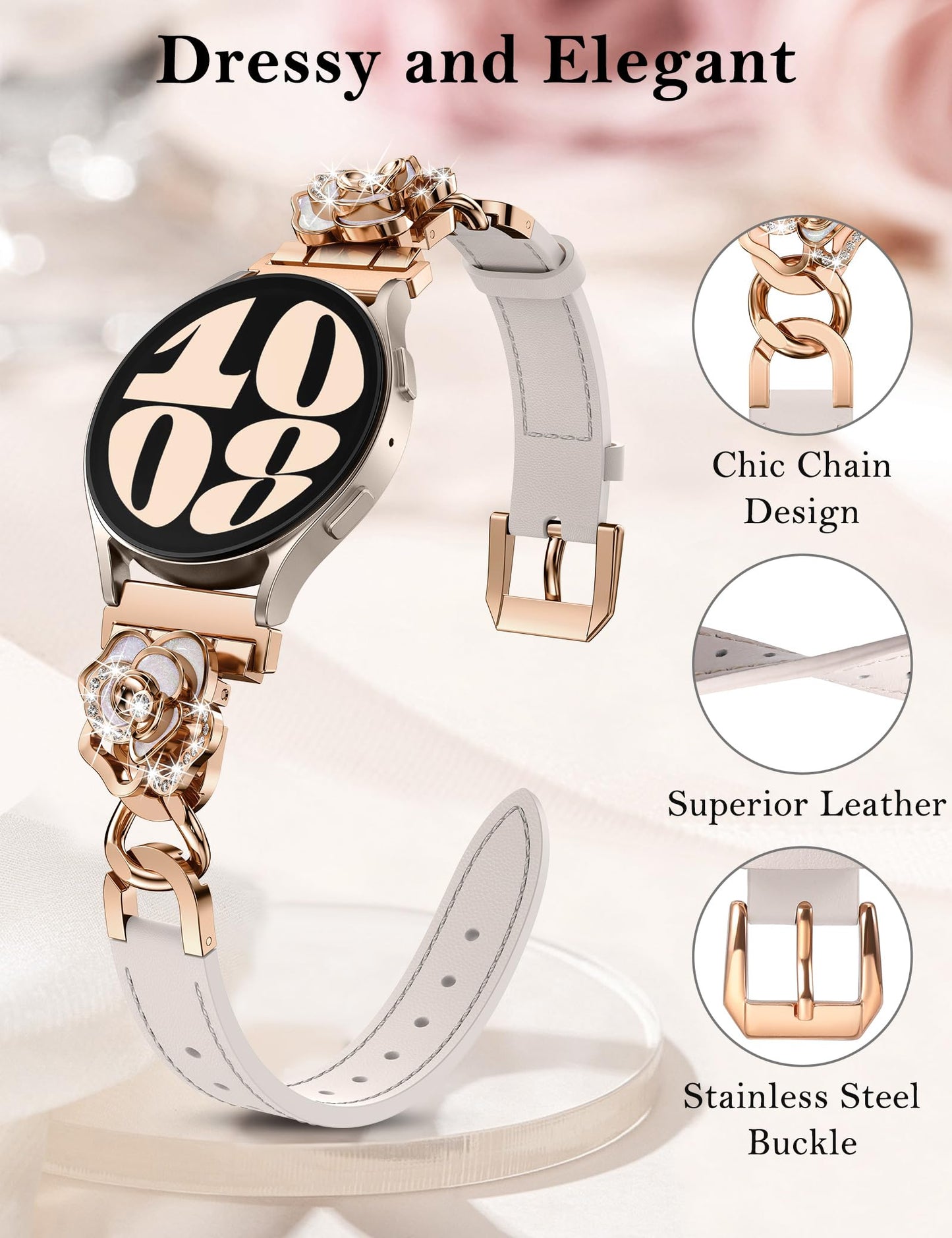 Minyee Leather Band Compatible with Samsung Galaxy Watch 7/6/5/4/FE/Active 2 40mm 44mm/Watch 6 Classic 43mm 47mm/5 Pro 45mm Women, 20mm Dressy Slim Elegant Metal Chain Strap with Bling Camellia Charms