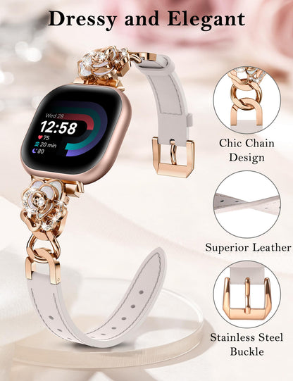 Minyee Leather Band Compatible with Fitbit Versa 4/3/Fitbit Sense 2/1 Watch Bands Women, Dressy Slim Elegant Leather Metal Chain Strap with Bling Cute Camellia Charms for Versa 3 4 Sense 2 Smartwatch