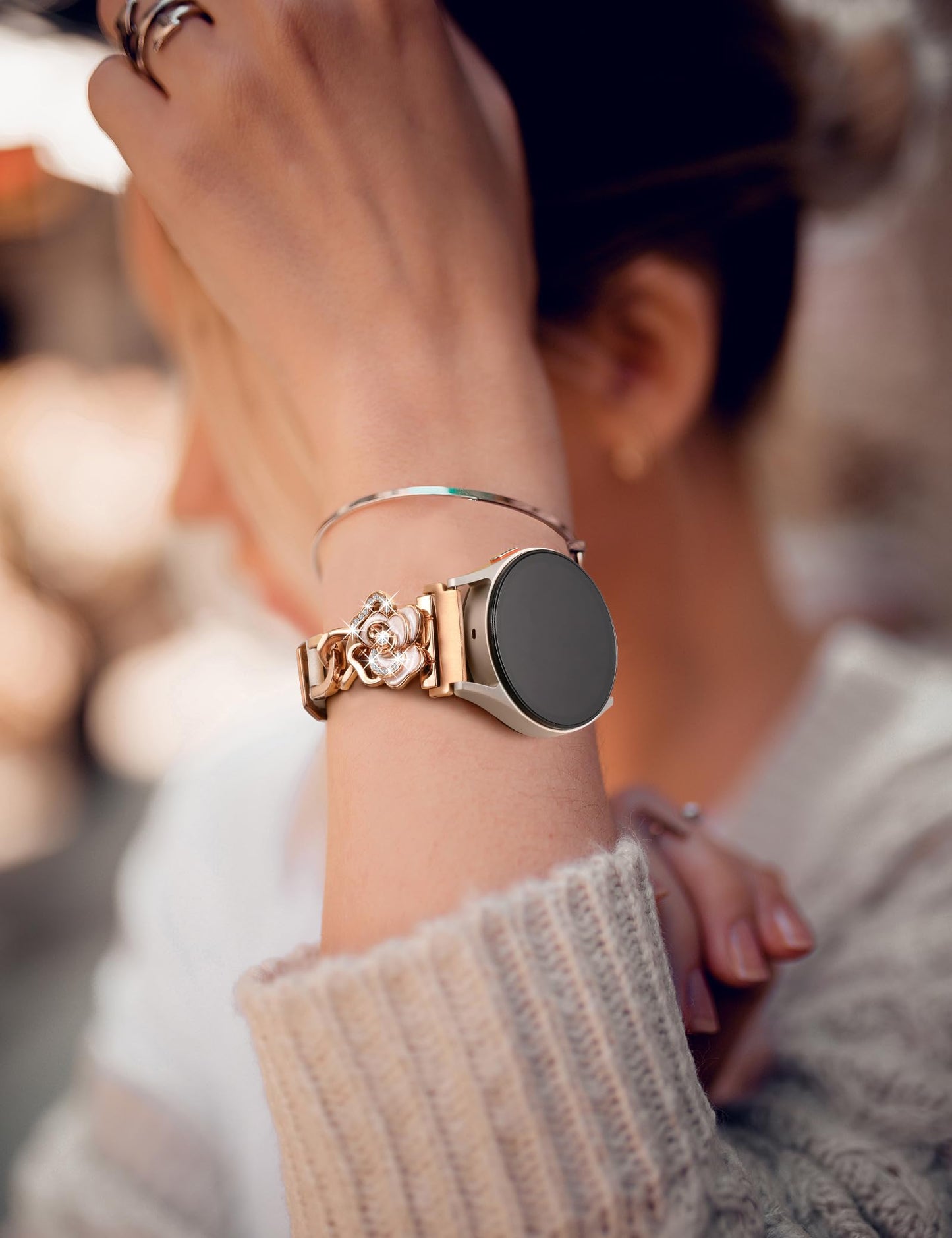 Minyee Leather Band Compatible with Samsung Galaxy Watch 7/6/5/4/FE/Active 2 40mm 44mm/Watch 6 Classic 43mm 47mm/5 Pro 45mm Women, 20mm Dressy Slim Elegant Metal Chain Strap with Bling Camellia Charms
