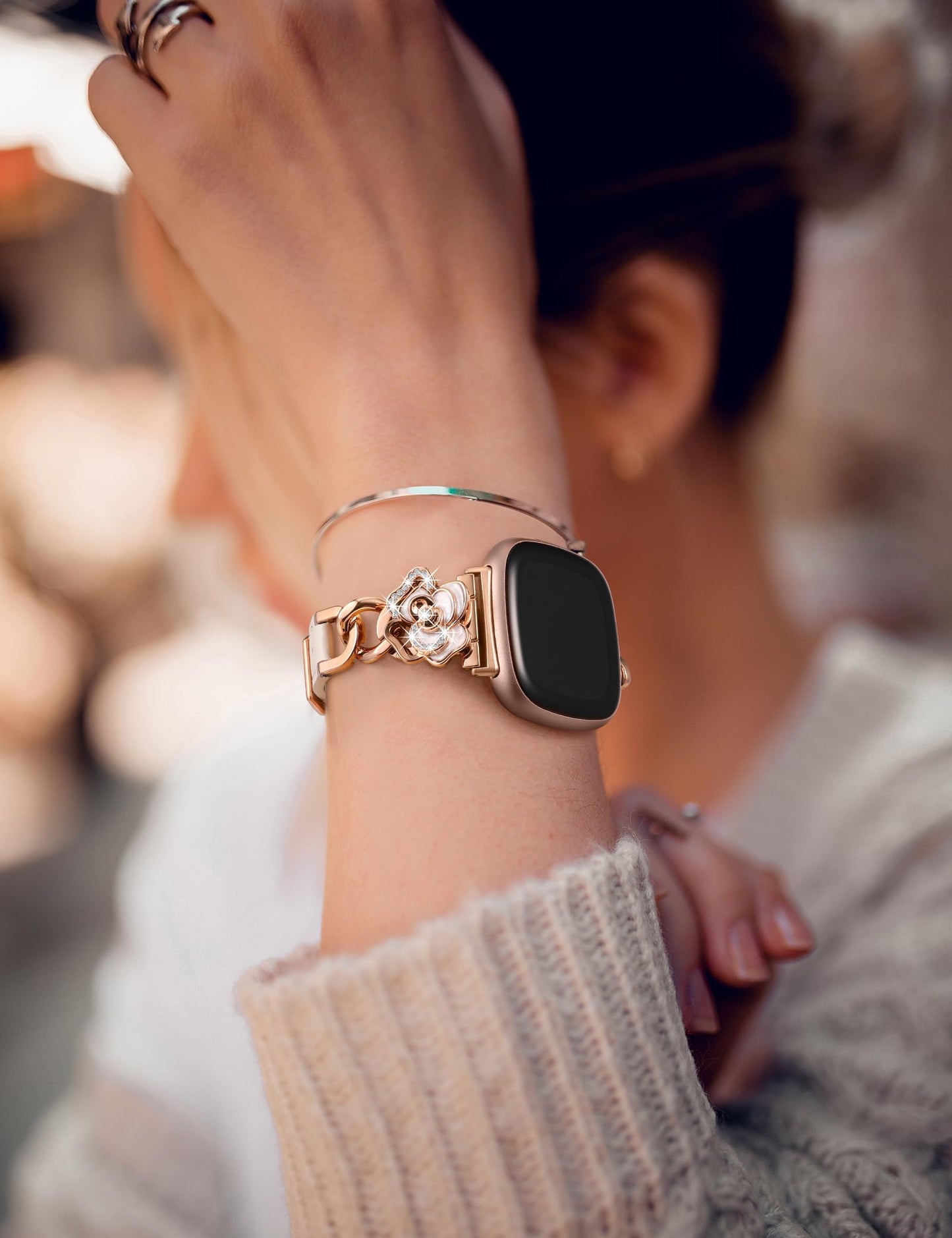 Minyee Leather Band Compatible with Fitbit Versa 4/3/Fitbit Sense 2/1 Watch Bands Women, Dressy Slim Elegant Leather Metal Chain Strap with Bling Cute Camellia Charms for Versa 3 4 Sense 2 Smartwatch