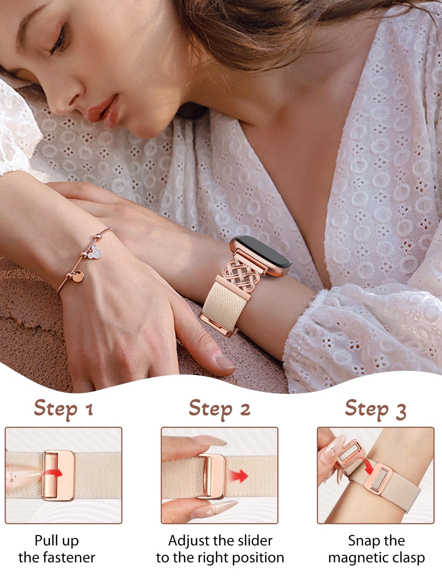 Minyee Magnetic Stretchy Band Compatible with Fitbit Versa 4/3/Fitbit Sense 2/1 Watch Bands Women Men, Celtic Knot Soft Elastic Nylon Fabric Dressy Cute Strap for Versa 3 4 Sense 2 Smartwatch