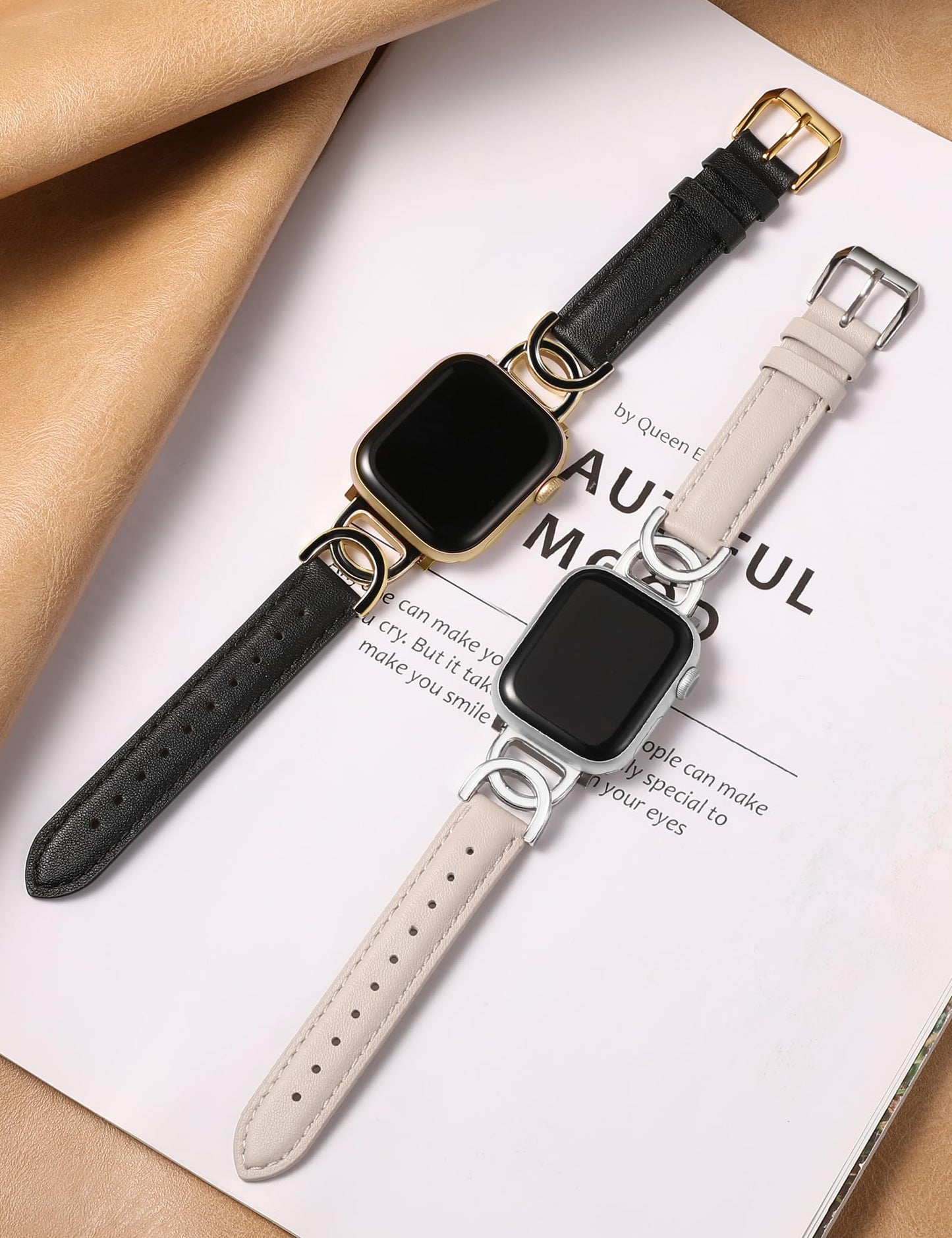 Minyee Compatible with Apple Watch Band 42/41/40/38/44/45/46/49mm Women, Slim Leather Dressy Elegant Designer Strap with DC-shaped Enamel Buckle for iWatch Series 11 10 9 8 7 6 5 4 SE/Ultra 3 2 1