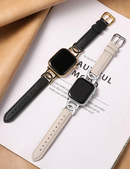 Minyee Compatible with Apple Watch Band 42/41/40/38/44/45/46/49mm Women, Slim Leather Dressy Elegant Designer Strap with DC-shaped Enamel Buckle for iWatch Series 11 10 9 8 7 6 5 4 SE/Ultra 3 2 1