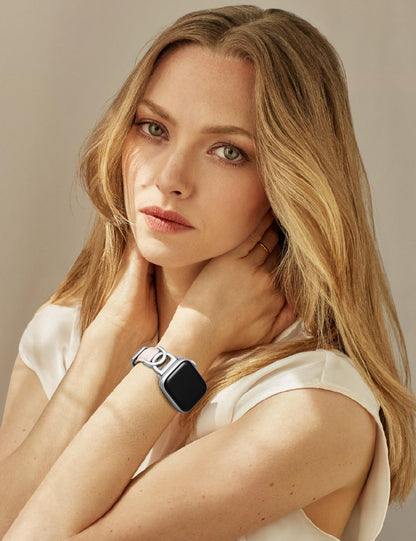 Minyee Compatible with Apple Watch Band 42/41/40/38/44/45/46/49mm Women, Slim Leather Dressy Elegant Designer Strap with DC-shaped Enamel Buckle for iWatch Series 11 10 9 8 7 6 5 4 SE/Ultra 3 2 1