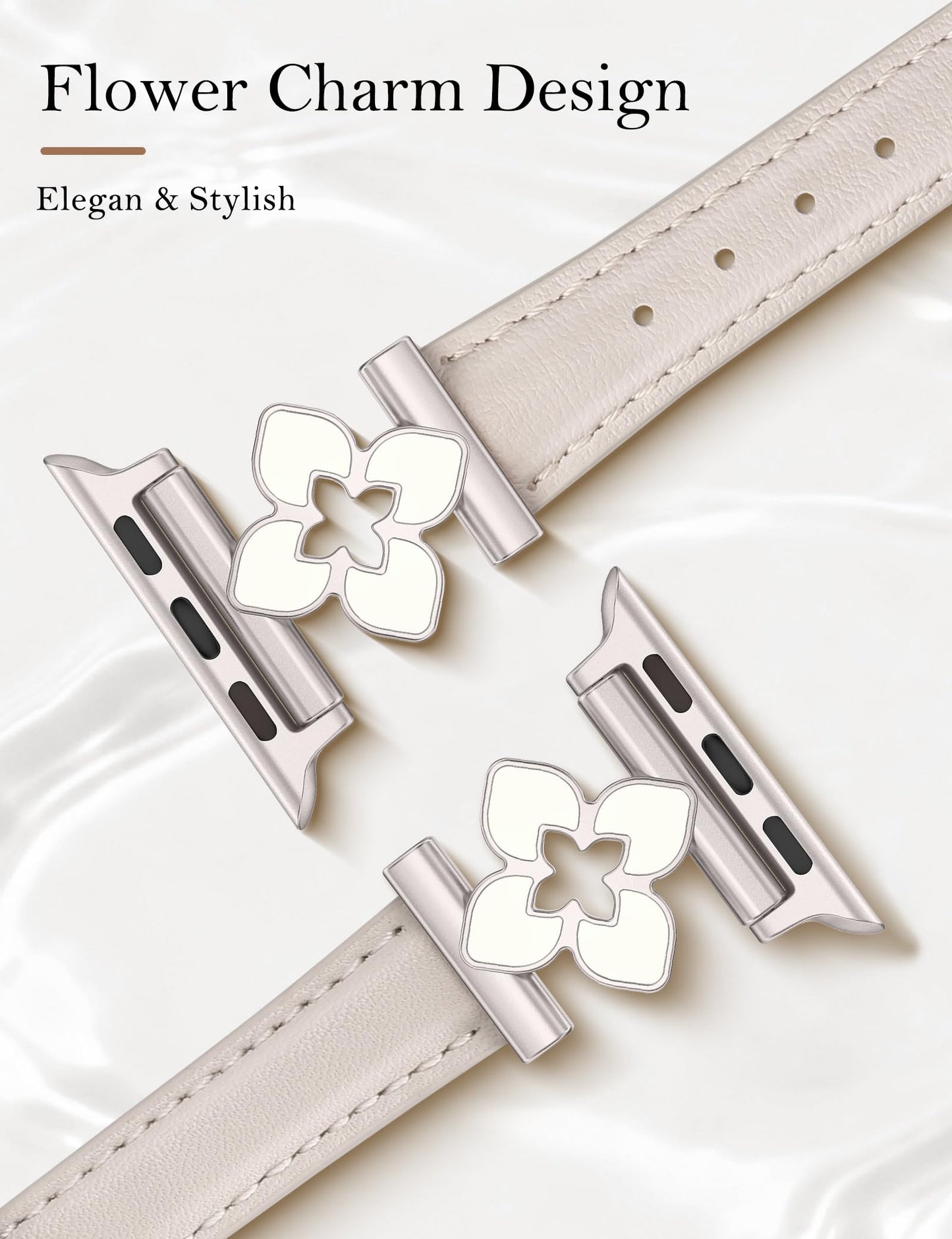 Minyee Compatible with Apple Watch Band 42/41/40/38/44/45/46/49mm Women, Slim Dressy Chic Premium Soft Leather Strap with Bling Dainty Flower Charm for iWatch Series 11 10 9 8 7 6 5 4 Ultra/SE 3 2 1