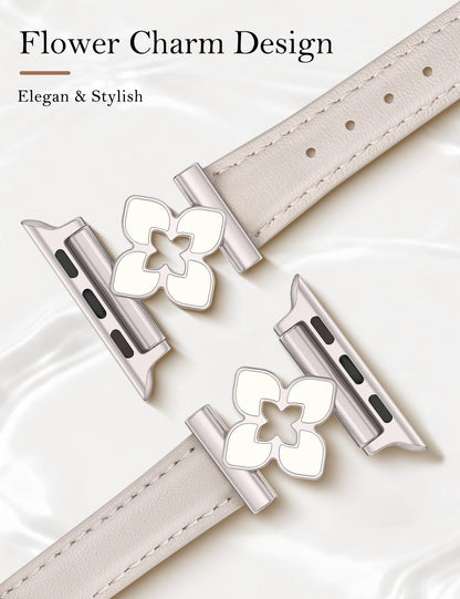 Minyee Compatible with Apple Watch Band 42/41/40/38/44/45/46/49mm Women, Slim Dressy Chic Premium Soft Leather Strap with Bling Dainty Flower Charm for iWatch Series 11 10 9 8 7 6 5 4 Ultra/SE 3 2 1