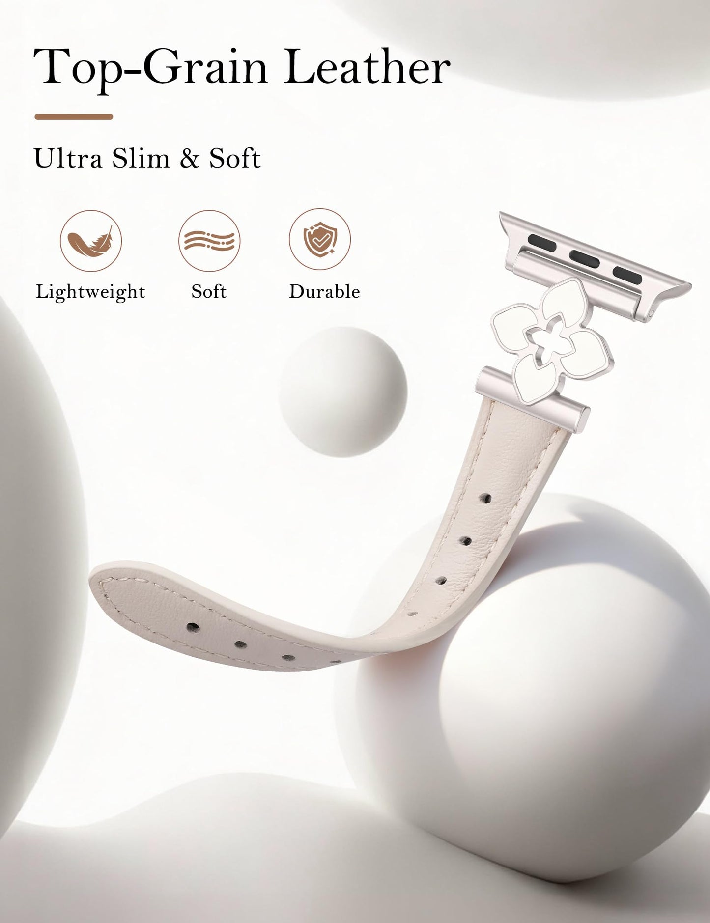 Minyee Compatible with Apple Watch Band 42/41/40/38/44/45/46/49mm Women, Slim Dressy Chic Premium Soft Leather Strap with Bling Dainty Flower Charm for iWatch Series 11 10 9 8 7 6 5 4 Ultra/SE 3 2 1