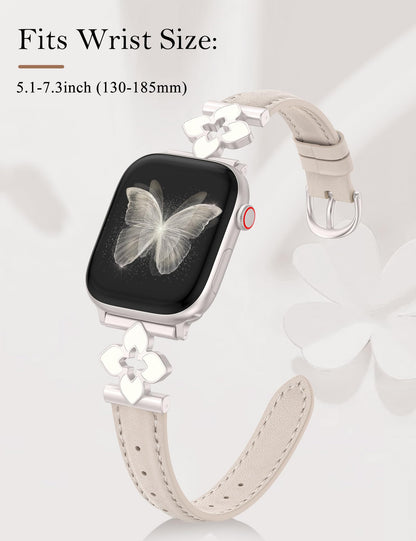 Minyee Compatible with Apple Watch Band 42/41/40/38/44/45/46/49mm Women, Slim Dressy Chic Premium Soft Leather Strap with Bling Dainty Flower Charm for iWatch Series 11 10 9 8 7 6 5 4 Ultra/SE 3 2 1