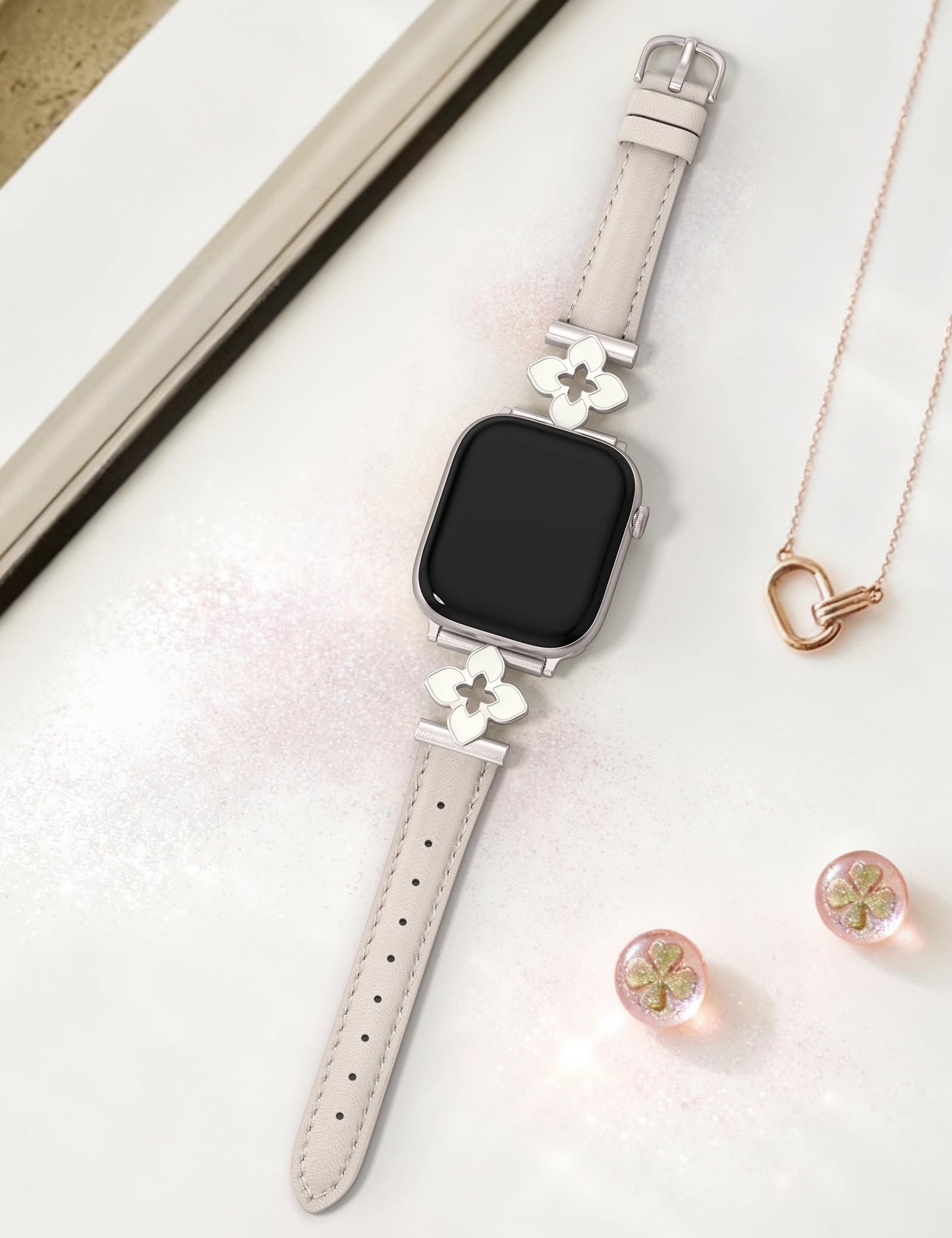 Minyee Compatible with Apple Watch Band 42/41/40/38/44/45/46/49mm Women, Slim Dressy Chic Premium Soft Leather Strap with Bling Dainty Flower Charm for iWatch Series 11 10 9 8 7 6 5 4 Ultra/SE 3 2 1