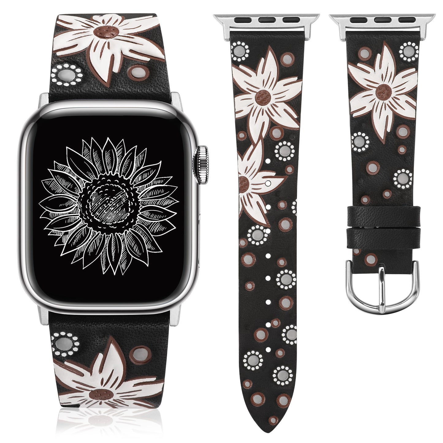Minyee Leather Band Compatible with Apple Watch Band 41/40/38/44/45/46/49/42mm Women, Boho Western Embossed Sunflower Floral Designer Leather Strap for iWatch Series 10 9 8 7 6 5 4 3 2 1 SE Ultra 2