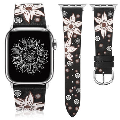 Minyee Leather Band Compatible with Apple Watch Band 41/40/38/44/45/46/49/42mm Women, Boho Western Embossed Sunflower Floral Designer Leather Strap for iWatch Series 10 9 8 7 6 5 4 3 2 1 SE Ultra 2