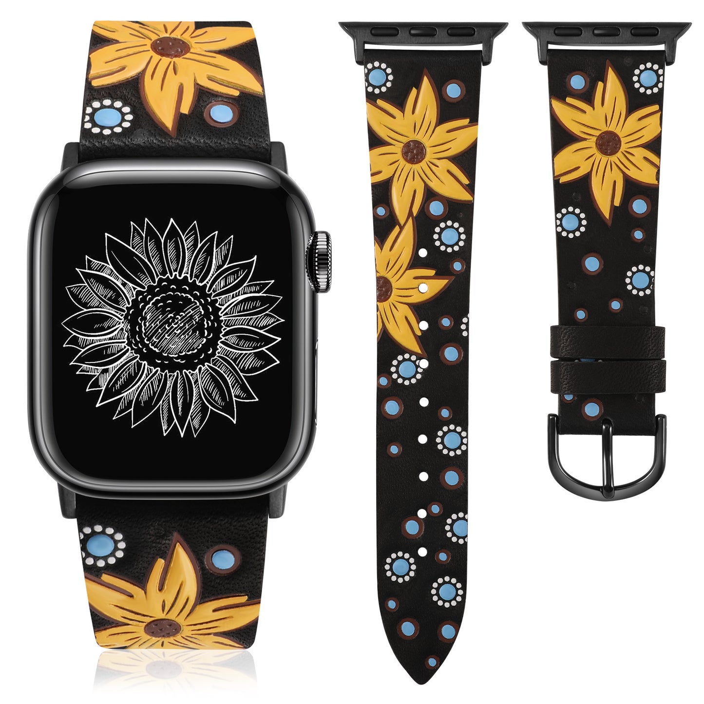 Minyee Leather Band Compatible with Apple Watch Band 41/40/38/44/45/46/49/42mm Women, Boho Western Embossed Sunflower Floral Designer Leather Strap for iWatch Series 10 9 8 7 6 5 4 3 2 1 SE Ultra 2