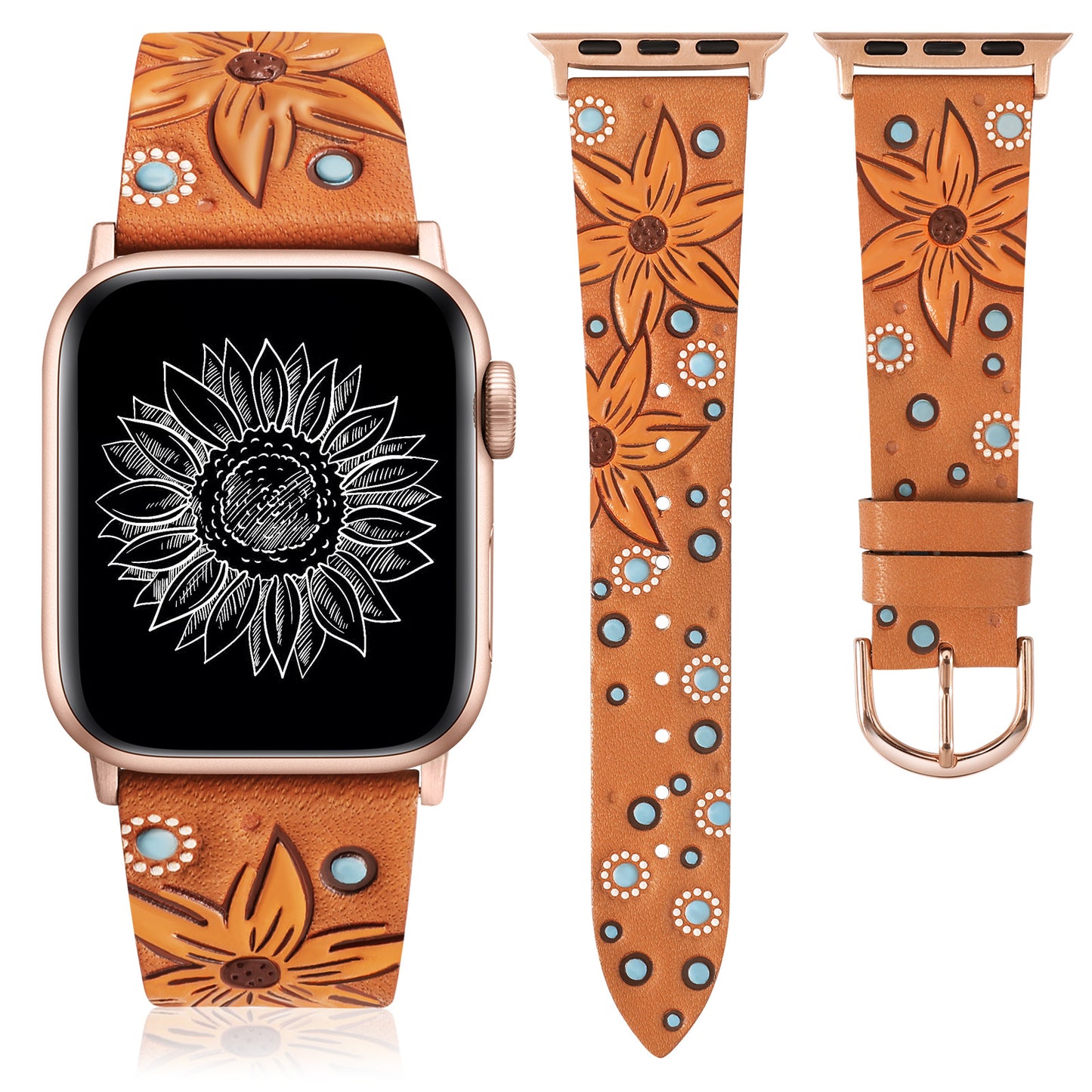 Minyee Leather Band Compatible with Apple Watch Band 41/40/38/44/45/46/49/42mm Women, Boho Western Embossed Sunflower Floral Designer Leather Strap for iWatch Series 10 9 8 7 6 5 4 3 2 1 SE Ultra 2