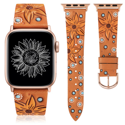 Minyee Leather Band Compatible with Apple Watch Band 41/40/38/44/45/46/49/42mm Women, Boho Western Embossed Sunflower Floral Designer Leather Strap for iWatch Series 10 9 8 7 6 5 4 3 2 1 SE Ultra 2
